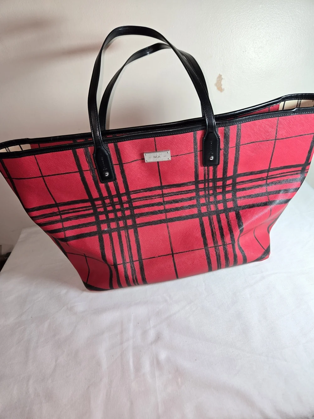 Ralph Lauren Red Plaid Tote with Black Trim and Silver Plaque